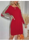 Kadın Uzun Kollu Bisiklet Yaka Kollar Leopar Detay Iki Iplik Mini Boy Elbise
