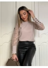Kadın Uzun Kollu Bisiklet Yaka Kolları çiçekli Waffle Bluz