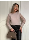 Kadın Uzun Kollu Bisiklet Yaka Kolları çiçekli Waffle Bluz