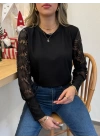 Kadın Uzun Kollu Bisiklet Yaka Kolları çiçekli Waffle Bluz