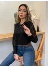 Kadın Uzun Kollu Bisiklet Yaka Kolları çiçekli Waffle Bluz
