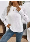 Kadın Uzun Kollu Bisiklet Yaka Kolları Tüllü Waffle Bluz