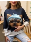 Kadın Uzun Kollu Bisiklet Yaka Köpek Baskılı şardonlu Dalgıç Bluz