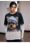 Kadın Uzun Kollu Bisiklet Yaka Köpek Baskılı şardonlu Dalgıç Bluz