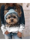 Kadın Uzun Kollu Bisiklet Yaka Köpek Baskılı şardonlu Dalgıç Bluz