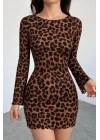 Kadın Uzun Kollu Bisiklet Yaka Leopar Desenli Dalgıç Mini Elbise