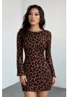 Kadın Uzun Kollu Bisiklet Yaka Leopar Desenli Dalgıç Mini Elbise