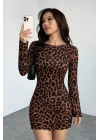 Kadın Uzun Kollu Bisiklet Yaka Leopar Desenli Dalgıç Mini Elbise