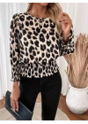 Kadın Uzun Kollu Bisiklet Yaka Leopar Desenli Modal Bluz