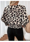 Kadın Uzun Kollu Bisiklet Yaka Leopar Desenli Modal Bluz