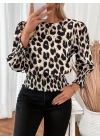 Kadın Uzun Kollu Bisiklet Yaka Leopar Desenli Modal Bluz
