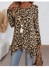 Kadın Uzun Kollu Bisiklet Yaka Leopar Desenli Süprem Bluz