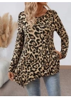 Kadın Uzun Kollu Bisiklet Yaka Leopar Desenli Süprem Bluz