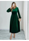 Kadın Uzun Kollu Bisiklet Yaka Midi Kadife Elbise