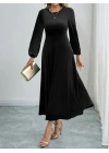Kadın Uzun Kollu Bisiklet Yaka Midi Kadife Elbise