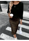 Kadın Uzun Kollu Bisiklet Yaka Modal Bluz Ve Leopar Desenli Etek Ikili Takım