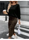 Kadın Uzun Kollu Bisiklet Yaka Modal Bluz Ve Leopar Desenli Etek Ikili Takım