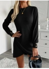 Kadın Uzun Kollu Bisiklet Yaka önden Asimetrik Kesim Detaylı Mini Yumoş Elbise