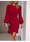 Kadın Uzun Kollu Bisiklet Yaka önden Volanlı Ithal Krep Elbise