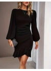 Kadın Uzun Kollu Bisiklet Yaka önden Volanlı Ithal Krep Elbise