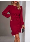 Kadın Uzun Kollu Bisiklet Yaka önden Volanlı Ithal Krep Elbise