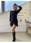 Kadın Uzun Kollu Bisiklet Yaka önden Volanlı Ithal Krep Elbise