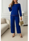 Kadın Uzun Kollu Bisiklet Yaka Pulpayetli Viskon Iki Iplik Bluz Ve Pantolon Ikili Takım