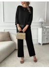 Kadın Uzun Kollu Bisiklet Yaka Pulpayetli Viskon Iki Iplik Bluz Ve Pantolon Ikili Takım