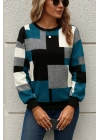 Kadın Uzun Kollu Bisiklet Yaka Renkli Blok Baskı Dalgıç Bluz