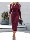 Kadın Uzun Kollu Bisiklet Yaka Taşlı Midi Kadife Elbise