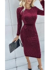 Kadın Uzun Kollu Bisiklet Yaka Taşlı Midi Kadife Elbise