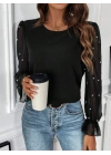 Kadın Uzun Kollu Bisiklet Yaka Tül Detaylı Incili Ithal Krep Bluz