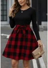 Kadın Uzun Kollu Bisiklet Yaka üst Viskon Alt Ekose Kısa Elbise