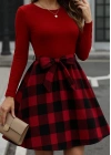 Kadın Uzun Kollu Bisiklet Yaka üst Viskon Alt Ekose Kısa Elbise