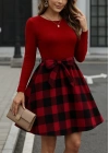 Kadın Uzun Kollu Bisiklet Yaka üst Viskon Alt Ekose Kısa Elbise