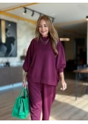 Kadın Uzun Kollu Bisiklet Yaka Viskon Iki Iplik Mor Bluz Ve Pantolon Ikili Takım