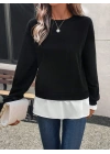 Kadın Uzun Kollu Bisiklet Yaka Viskon Iki Iplik Ve Etek Ucu Trikoton Bluz