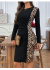 Kadın Uzun Kollu Bisiklet Yaka Yandan Büzgü Ve Leopar Detaylı Mini Ithal Krep Elbise