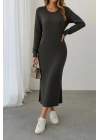 Kadın Uzun Kollu Bisiklet Yaka Yırtmaç Detay Triko Midi Boy Elbise