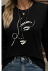 Kadın Uzun Kollu Bisiklet Yaka Yüz Desenli Viskon Bluz