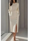 Kadın Uzun Kollu Bisiklet Yakalı Yandan Yırtmaçlı Düğmeli Midi Ithal Krep Elbise