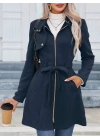 Kadın Uzun Kollu Boyundan Düğmeli Fermuarlı Beli Kuşaklı Süet Ceket