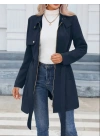 Kadın Uzun Kollu Boyundan Düğmeli Fermuarlı Beli Kuşaklı Süet Ceket