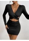Kadın Uzun Kollu çapraz Dekolte Detaylı Mini Sandy Elbise