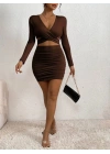 Kadın Uzun Kollu çapraz Dekolte Detaylı Mini Sandy Elbise