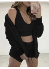 Kadın Uzun Kollu Ceket, Askılı Peluş Bluz Ve şort üçlü Takım
