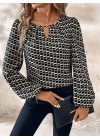 Kadın Uzun Kollu Damla Detaylı Yaka Desenli Süprem Bluz