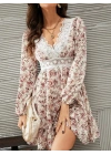 Kadın Uzun Kollu Dantel V Yakalı Mini Desenli Süprem Elbise