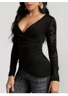 Kadın Uzun Kollu Dantelli Kruvaze Yakalı Yandan Büzgülü Viskon Bluz