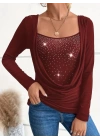 Kadın Uzun Kollu Derin Degaje Yakalı Taşlı Sandy Bluz